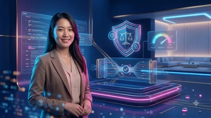 Biểu tượng cân bằng pháp lý với khiên bảo vệ và tài liệu điều khoản trên nền số hóa