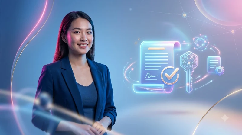 Người dùng đọc điều khoản sử dụng trên màn hình máy tính với giao diện số hóa minh bạch