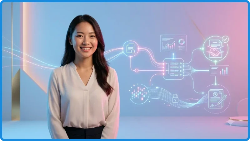 Người dùng đọc điều khoản sử dụng trên màn hình máy tính với giao diện số hóa minh bạch